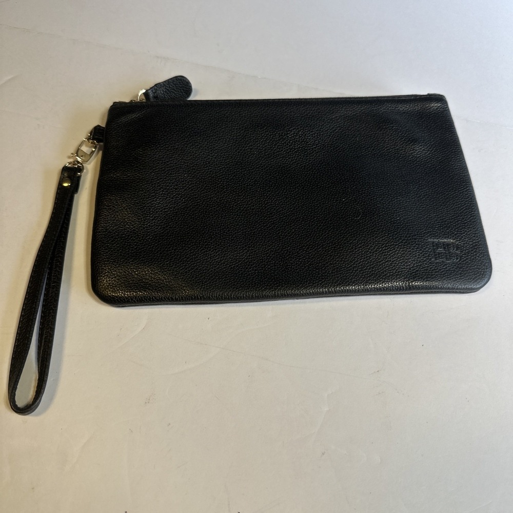 HButler Black Pebbled Leather Wristlet Clutch Gold Hardware Zip Pouch HB Logo
